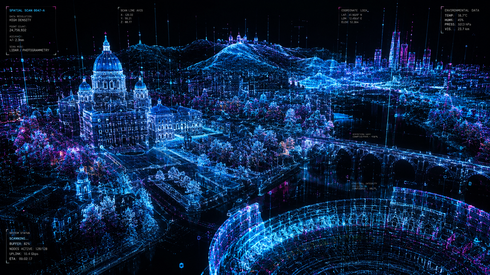 Visualizzazione futuristica di una nuvola di punti 3D
